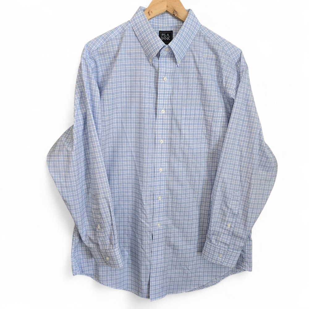 Jos A Bank Dress Shirt Mens 17 33 Blue Plaid Button Traveler Tailored Fit Career